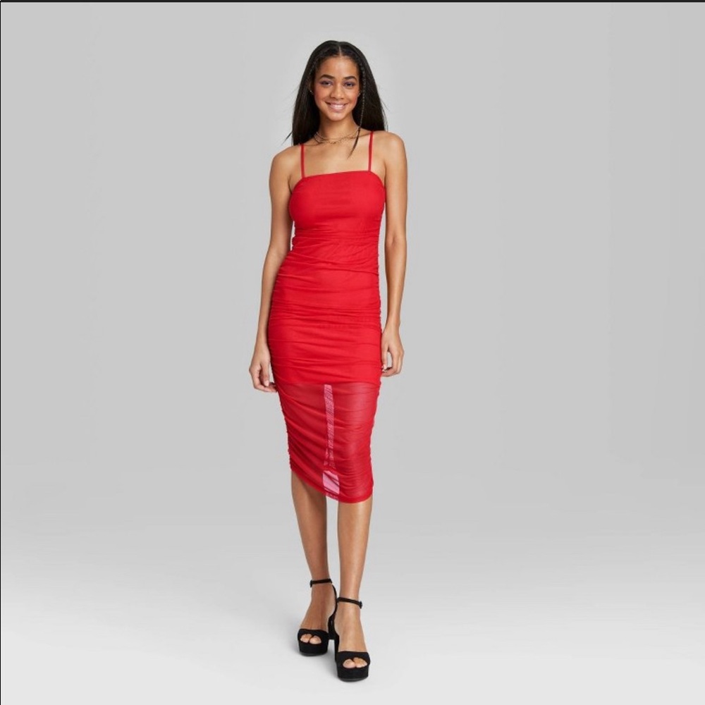 Sleeveless Ruched Mesh Dress - Red